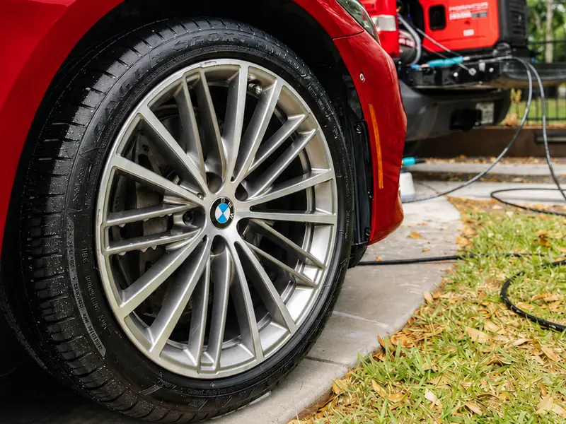 Freshly detailed BMW alloy wheel and tire, cleaned on-site by Impeccable Mobile Car Detailing in Los Angeles
